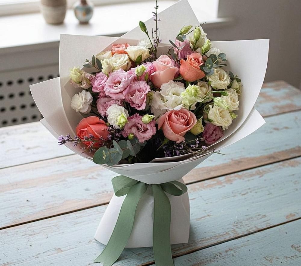 Букет цветов из: Розы, Лизиантусы и Гвоздики в Идринском