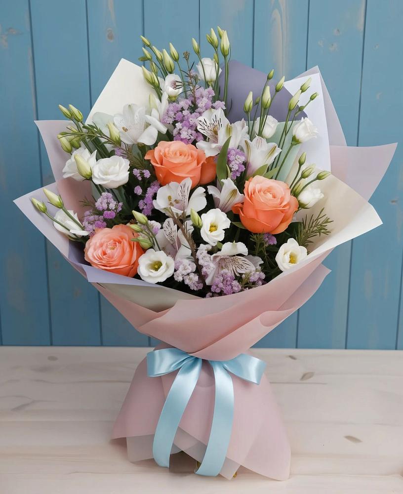 Букет цветов из: Лизиантусы, Розы, Альстромерии и Гипсофила в Идринском