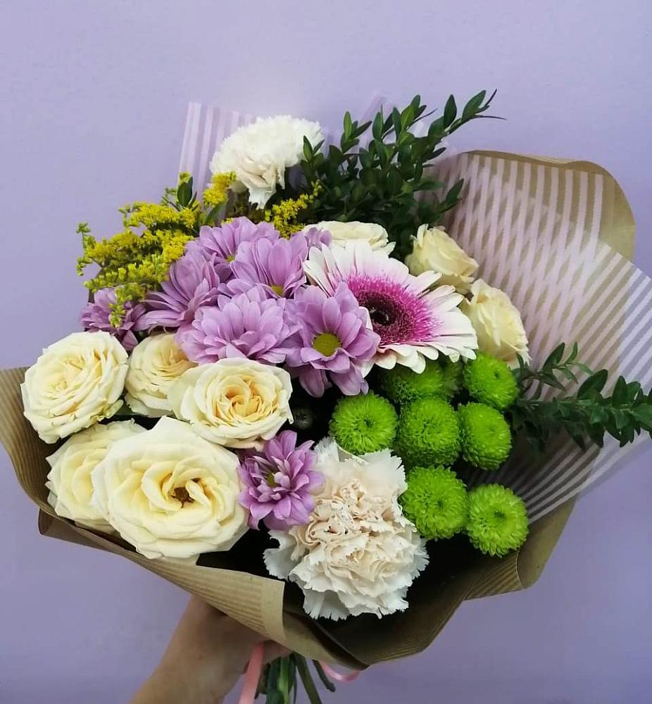 Букет цветов из: Хризантемы, Розы, Гвоздики и Герберы в Идринском