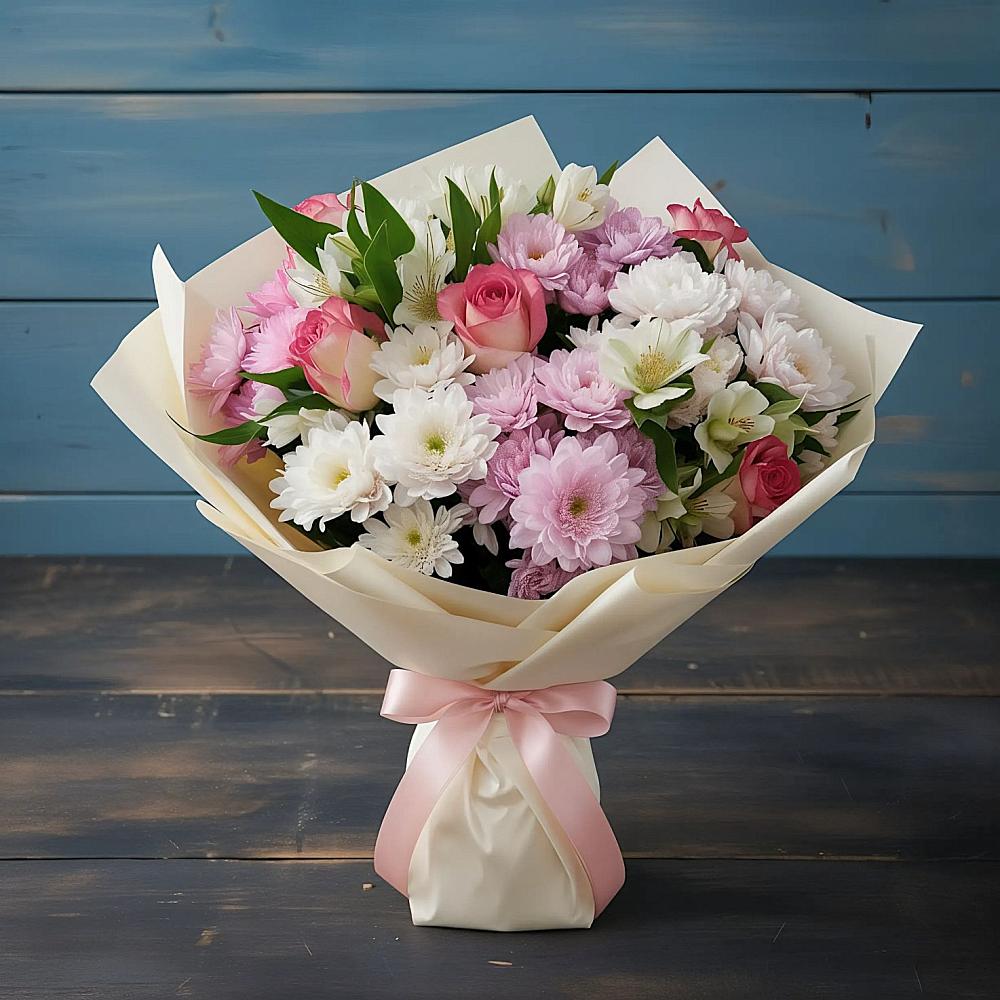 Букет цветов из: Хризантемы, Альстромерии и Розы в Идринском